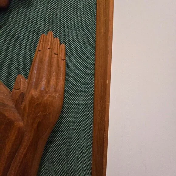 MCM Framed Carved Teak Wood Silhouette Woman Praying on Green Wall Hanging Art - Picture 6 of 10